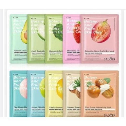 Pack of 5 Fruit Face sheet Mask Hydrating, Radiance Boost, Calming, Skin Care Sheet Masks