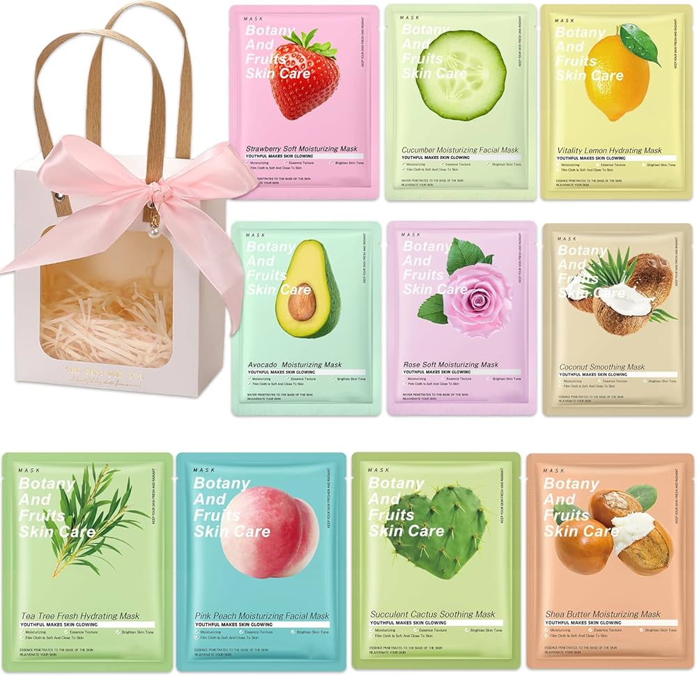 Pack of 5 Fruit Face sheet Mask Hydrating, Radiance Boost, Calming, Skin Care Sheet Masks